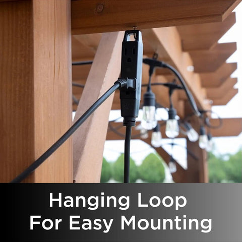 25 Ft Outdoor Extension Cord With 3 Outlets Heavy Duty Grounded hanging on wood pergola for patio use