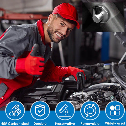 Mechanic working on car engine with Pro Grade 450 Piece Stainless Steel Roll Pin Assortment Set With Slotted Hollow Spring Pins shown in inset.