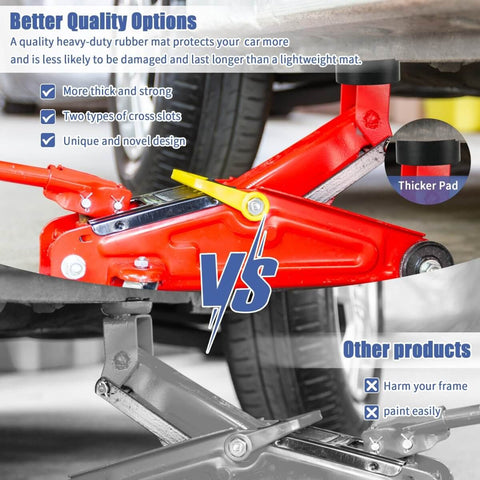 Universal Pinch Weld Jack Pad Adapter For Floor Jacks Upgraded Rubber Pad With X Slot Design in use on red floor jack
