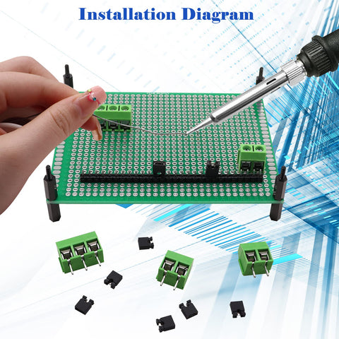 Double Sided Prototype PCB Board Kit for Maker-Friendly DIY Electronics Projects with installation diagram and soldering tools