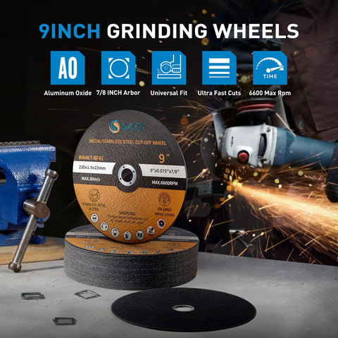 9 Inch Cut Off Wheel Set for Grinders, 25-Piece Metal and Stainless, shown with grinder and sparks, 0.075 Inch Thick, ANSI Safe