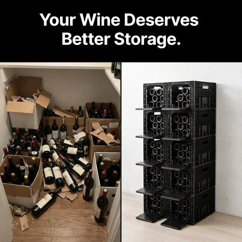 Messy wine bottles beside organized Stackable Wine Storage Crates Modular System For Cabinets And Cellars, 12 Bottle Capacity Per Crate