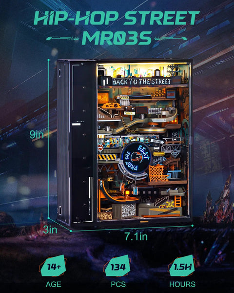 Marble Run Mechanical 3D Puzzle Kit For Adults And Teens, DIY Miniature Model Building, Parallel World Hip Hop Street MR03S With Lights And USB C Power For A Streetwise Track Adventure, 9in x 7.1in