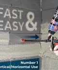 Top Shelf Reusable Sealed Foam Gun Nozzles deliver a dead clean spray pattern in action on drywall, showing vertical and horizontal use.