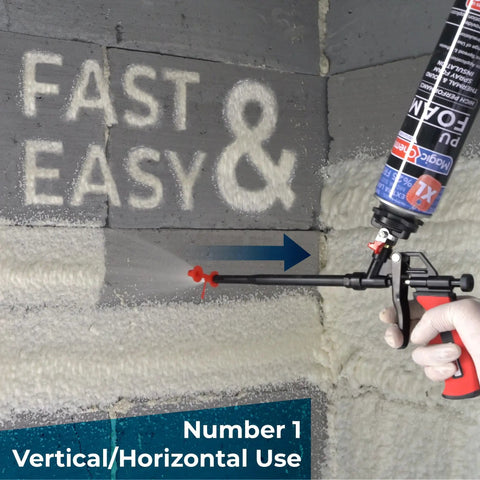 Top Shelf Reusable Sealed Foam Gun Nozzles deliver a dead clean spray pattern in action on drywall, showing vertical and horizontal use.