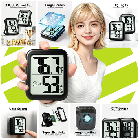 2 Pack Indoor Thermometer And Hygrometer With Real Time Temperature And Humidity Readings, Dual Sensors For More Accurate Monitoring, Wide Range From -58 To 158 F Or -50 To 70 C, 10% To 99% RH For Home And Office on display