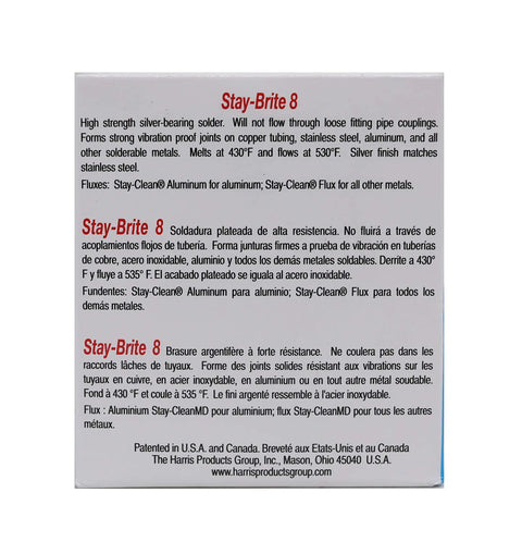 Stay-Brite 8 solder packaging with product details and usage instructions in English, Spanish, and French.