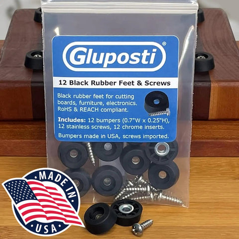 12 Pack Rubber Feet For Cutting Boards Non Slip Bumper Pads With Stainless Screws And Inserts Keeps Your Board Stable On Any Surface BPA Free Rubber Made In USA Perfect For Electronics And Furniture Projects packaging