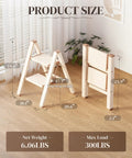 Two Step Folding Ladder With Wide 8 Inch Treads Aluminum Lightweight Step Stool Anti Slip Feet And Non Slip Stripes Heavy Duty 300 Lbs Capacity Sleek Cream Chocolate Finish For Home Or Garage Use, folded and open dimensions