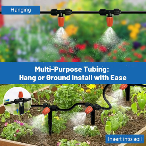 Easy Setup Quick Connect Micro Misting Kit For Garden Irrigation, 60 feet lines, hanging and ground installation in raised beds.