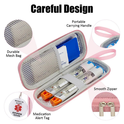 Travel Ready Medical Carrying Case For Allergy On The Go Kit Fits Two Auto Injectors And Inhaler Keeps Meds Cool With Ice Pack Includes Antihistamines And Essentials NFC Programmable Medical Warning Tags Pink mesh case with carry handle and medical alert tag