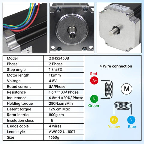 Technical diagram for Four Nema 23 2-Phase Hybrid Stepper Motors Deliver Beefy 2.8 Nm Torque and 425 Oz-In Holding Torque 1.8 Degree Dual Shaft 8mm