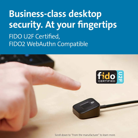 Finger pointing to VeriMark Desktop USB Fingerprint Reader for PC, Windows Hello Ready, FIDO2 WebAuthn and U2F Certified