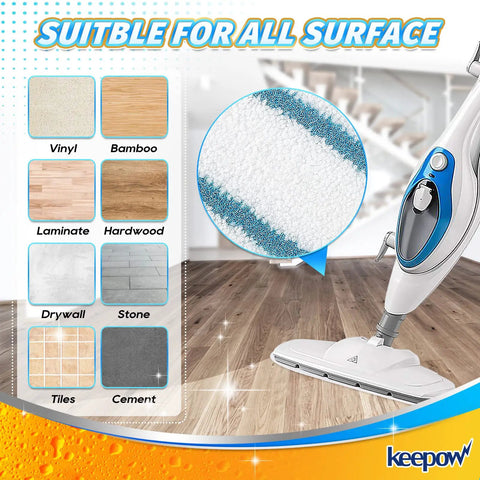 Replacement Steam Mop Pads 8 Pack For PurSteam ThermaPro 10 In 1 And ThermaPro 211 shown on multi-surface floor cleaner.