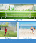 Backyard Soccer Goal 12 By 6 With Steel Frame Portable Training Net for kids and adults shown in playground, backyard, beach settings.