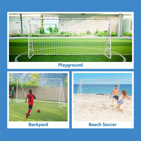 Backyard Soccer Goal 12 By 6 With Steel Frame Portable Training Net for kids and adults shown in playground, backyard, beach settings.
