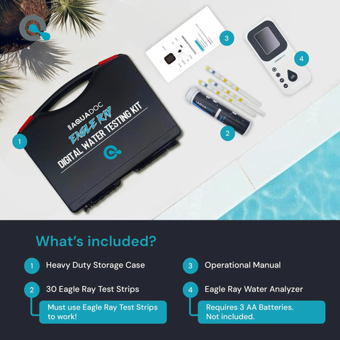 Digital Pool Water Tester Kit With 30 Strips And Digital Reader For Total Chlorine Free Chlorine Bromine Total Hardness Cyanuric Acid Alkalinity And pH No Guesswork Easy Readouts next to pool