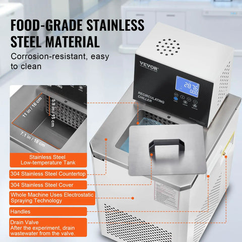 Heavy Duty Lab Chiller Smooth Operator Circulator Six Liter Stainless Steel Tub with digital panel and temperature display.