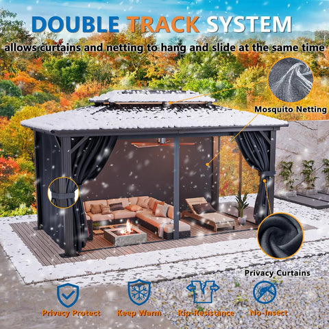 Hardtop 10x15 Gazebo With Curtains And Netting Heavy Duty Galvanized Steel Roof Outdoor Patio Pavilion For Backyard