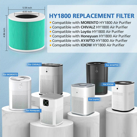 Air Purifier Filter Replacement For CHIVALZ Morento Loytio Honeyuan AYAFATO IOIOW HY1800 Compatible 2 Pack in green, shown with compatible air purifiers