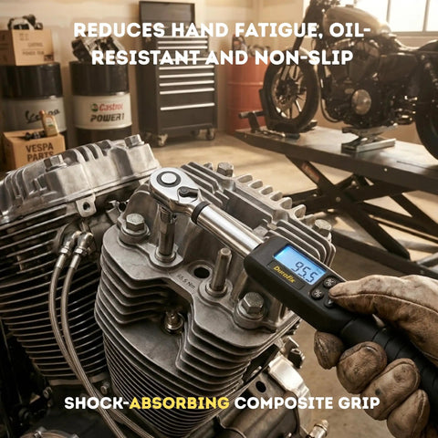 Mechanic using Half Inch Drive Digital Torque Wrench With Buzzer And LED Flash Notification Adjustable From 14.8 To 147.5 Foot Pounds Stainless Steel Construction ISO 6789 Certified With Calibration Certificate on engine