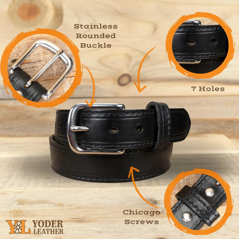 Extra Thick Bridle Leather Belt Made From Real English Bridle Leather, 1.5 Inch Wide, Three Sixteenth Inch Thick, Built For Tough Wear, 7 Holes Spaced 1 Inch, Stainless Rounded Buckle With Removable Chicago Screws, Size 40 Black