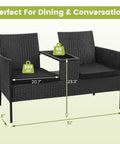 Two Seat Outdoor Patio Loveseat With Table In Black Wicker Rattan Outdoor Set With Washable Cushion Covers Weatherproof Garden Lounge Furniture For Backyard Lawn And Porch