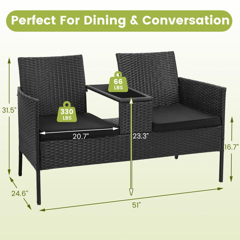 Two Seat Outdoor Patio Loveseat With Table In Black Wicker Rattan Outdoor Set With Washable Cushion Covers Weatherproof Garden Lounge Furniture For Backyard Lawn And Porch