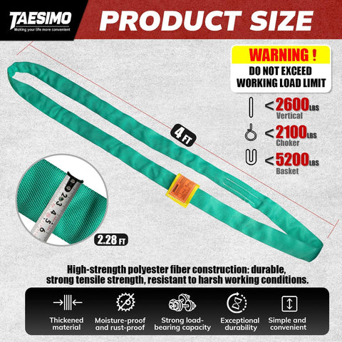 Green Polyester Endless Round Lifting Sling For Hoist Use Workhorse Ready Rigging Slings With 5300 Lb Vertical Load And 10600 Lb Break Strength Four Feet Long Durable Safe And Reliable Lifting Straps, showing 4 ft length and fiber details.