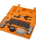 Open case of Speedy Seal 2 Universal Heavy Duty Tire Repair Kit For Car, Truck, RV, Jeep, ATV, Motorcycle, Tractor And Trailer With 40 Vulcanizing Cords To Plug Flats Fast, Plus Insertion Needle, Reamer, Pliers, Valve Cores, Caps, And Pencil Gauge.