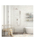 Solid Complete Shower System Featuring Smooth Three Spray Modes With Rapid Connect Handshower And Broad Rain Head Boasting Auto Temperature Control In Slick Brushed Nickel in a modern bathroom.