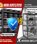 Comparison of heavy duty metal garage shelving unit set of 4 with 5 tier design holding tires vs unstable shelves with boxes.