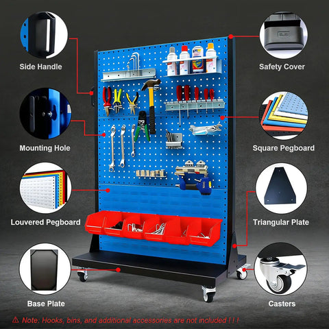 Heavy Duty 2 Tier Mobile Steel Workshop Shelving Unit With Wheels And Handle For Tools And Hardware Storage In Garage Or Shop Durable Powder Coated Steel Holds Up To 20 Kg Per Shelf, featuring labeled pegboard and storage bins