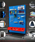 Beefy Tool Rack With Steel Pegboard Four Locking Casters 20 Kg Shelf Capacity Adjustable Two Tier Workshop Organizer For Tools And Gear In Your Garage, showing steel pegboard and caster wheels.