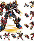 12 In 1 Transforming Mecha Robot Building Set For Adults And Kids, Build A Dope Mech Warrior, Split It Into 6 Robots Or Reconfigure Into 6 Vehicles, 542 Pieces Compatible With Lego Ninja Mech Warrior Toys Gift displayed as assembled mechs and vehicles.