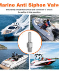 Anti Siphon Fuel Valve Fitting For Marine Fuel Tanks With boats on water and product image at center, pack of two