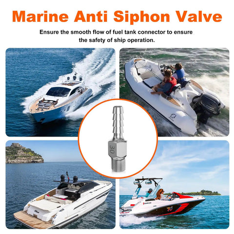 Anti Siphon Fuel Valve Fitting For Marine Fuel Tanks With boats on water and product image at center, pack of two