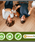 Couple with dog lying on treated wooden floor with eco-friendly and pet-friendly product features, CoverTec branding.
