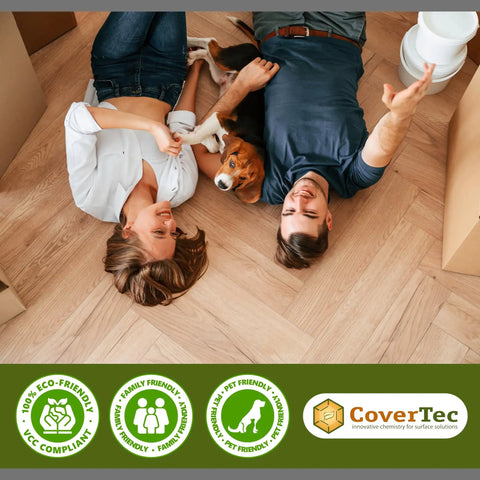 Couple with dog lying on treated wooden floor with eco-friendly and pet-friendly product features, CoverTec branding.