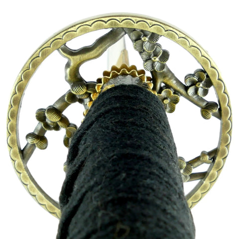 Detail of flower tsuba on Hand Forged 1045 High Carbon Steel Samurai Katana With Gold Plated Blade Choose Flower Tsuba Or Golden Tsuba