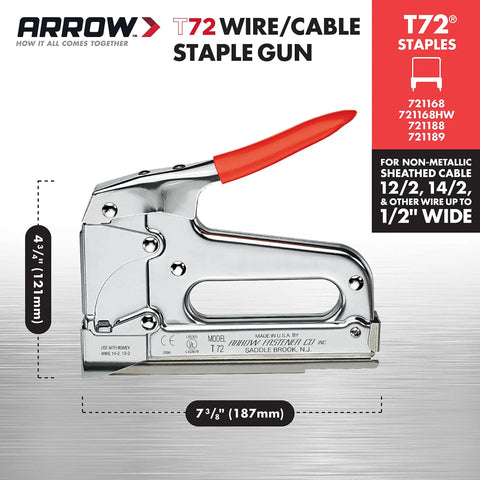 Pro Grade Heavy Duty T72 Wire And Cable Stapler Manual Stapler with chrome steel body and red handle, side view
