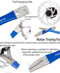 Hydraulic Piston Press For Bike Disc Brakes Repair Kit, 4-Piece Set With Rotor Truing Fork And Disc Gap Regulators, Pro Grade Brake Alignment Tools For Quick Rotor Backing And Real Smooth Braking On Street Or Trail showing rotor truing fork and specifications.