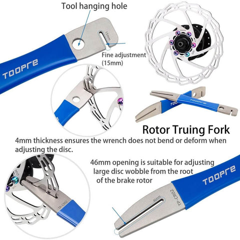 Hydraulic Piston Press For Bike Disc Brakes Repair Kit, 4-Piece Set With Rotor Truing Fork And Disc Gap Regulators, Pro Grade Brake Alignment Tools For Quick Rotor Backing And Real Smooth Braking On Street Or Trail showing rotor truing fork and specifications.