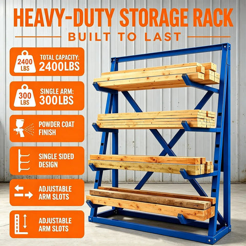 Workhorse Heavy Duty Lumber Storage Rack With Adjustable Arms And Beefy Alloy Steel Build For Stashing Pipes And Rebar Up To 2400 Pounds Without Breaking A Sweat