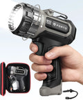 Hand holding Compact Rechargeable Spotlight With Adjustable Focus And Stand, 2700 Foot Range, Three Light Modes, with case.