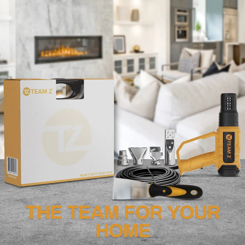 Pro Grade Heavy Duty Heat Gun Kit With Case Upgrade LCD Display And Overload Protection 10 Second Delayed Turn Off High Temp Range 140 To 1202 Degrees Fahrenheit for vinyl wrap shown with accessories in a living room.
