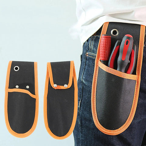 Heavy Duty Tool Pouch Built Tough With Reinforced 600D Fabric And Riveted Seams For Electricians Carpenters Skilled Trades Crews, hip-mounted with tools, 25 by 10.5 cm.