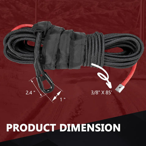 Heavy Duty Synthetic Winch Rope Three Eighths Inch By Eighty Five Feet With Winch Jacket Rope And Sleeve Protection, 26000 Lbs Break Strength