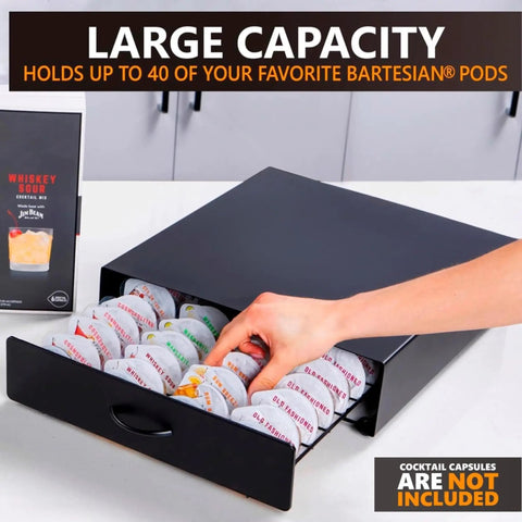 Person accessing Bartesian Capsule Holder With Slide Out Drawer Matte Black 40 Pod Storage Organizer showcasing large capacity.