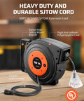 Heavy Duty 50 Ft Retractable Extension Cord Reel With 3 Grounded Outlets Lit Triple Tap 13 Amp Circuit Breaker 14AWG SJTOW Cord UL Listed